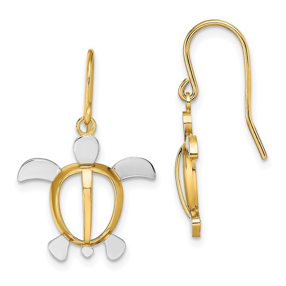 14k Yellow Gold W/ Rhodium Sea Turtle Dangle Earrings